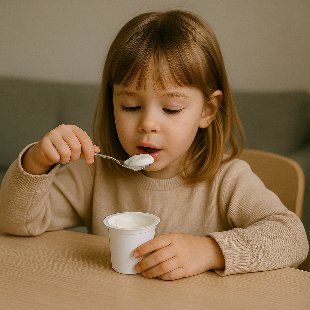 Bild A: Mädchen isst Joghurt